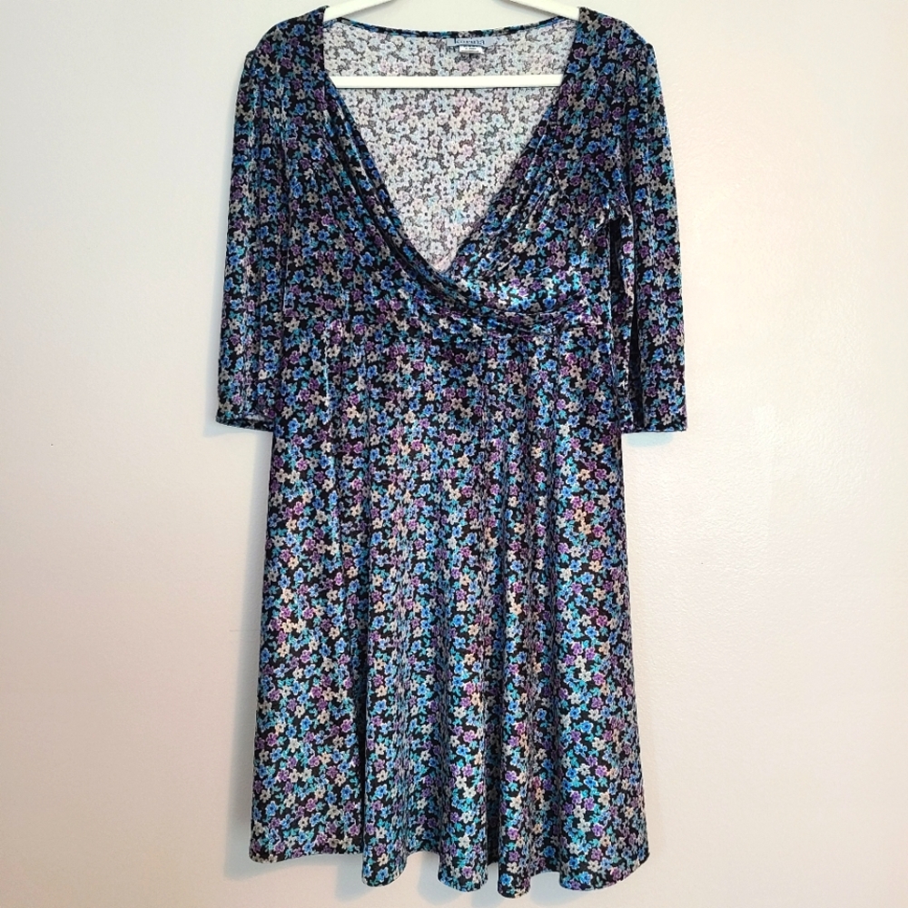 Karina Retro Blue, Teal, Purple, Gray, Silver Floral A-line 3/4 Sleeve Dress M/L